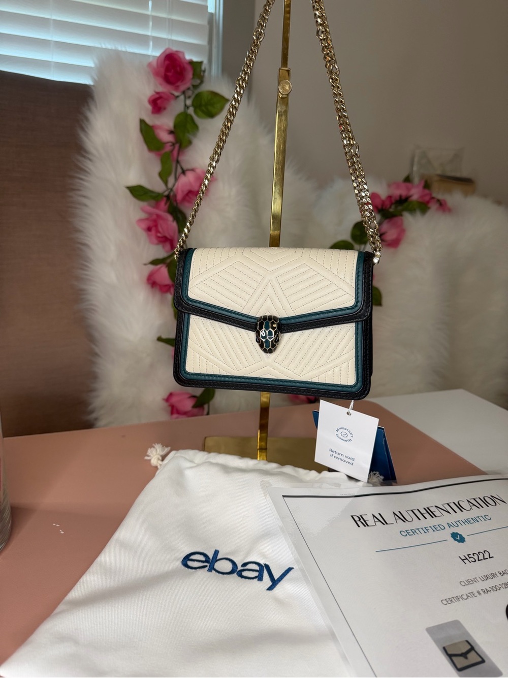 Bvlgari Serpenti Forever Flap Bag Ivory Quilted Leather w/ Teal & Black Trim COA